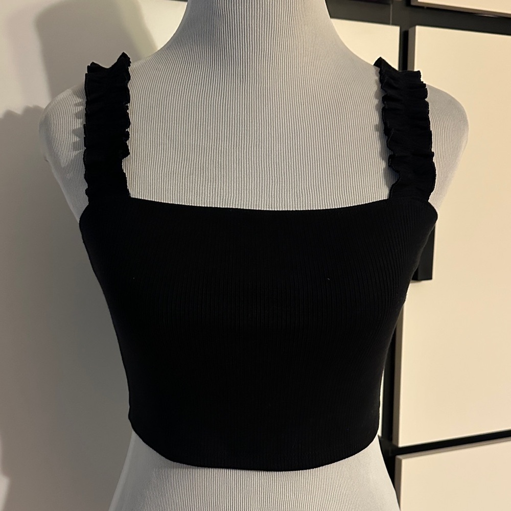 Sunday Best Black Ruffle Strap cropped Tank Top